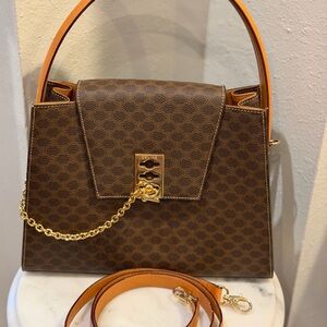Celine rare Macadam chain lock trapezoidal Handbag with crossbody strap.